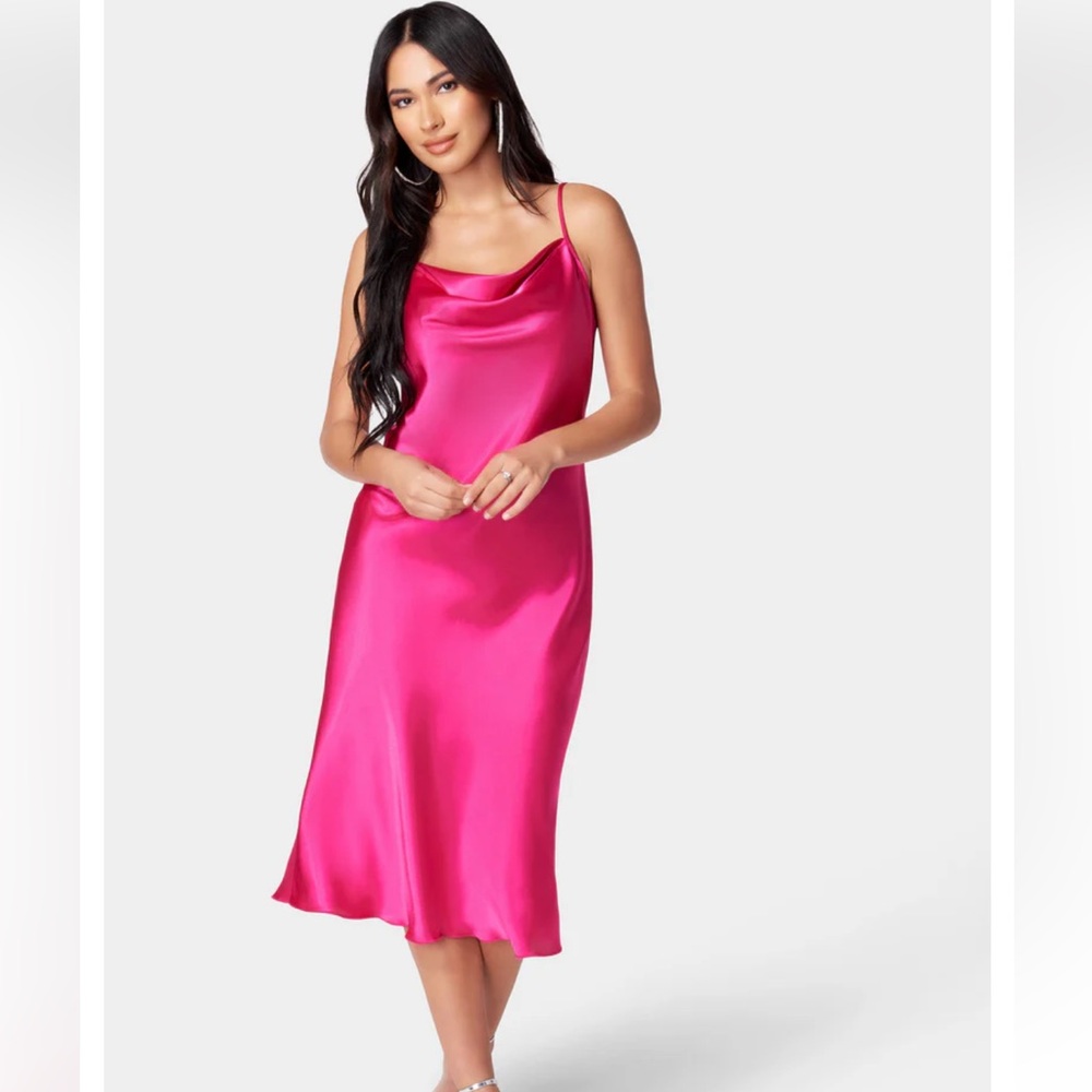 BEBE SATIN COWL NECK SLIP MIDI DRESS